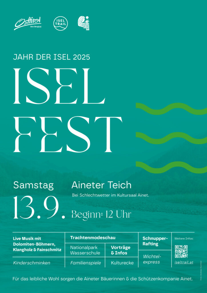 Bild zeigt Text: Jahr der Isel Iselfest Samstag 13.9. Aineter Teich