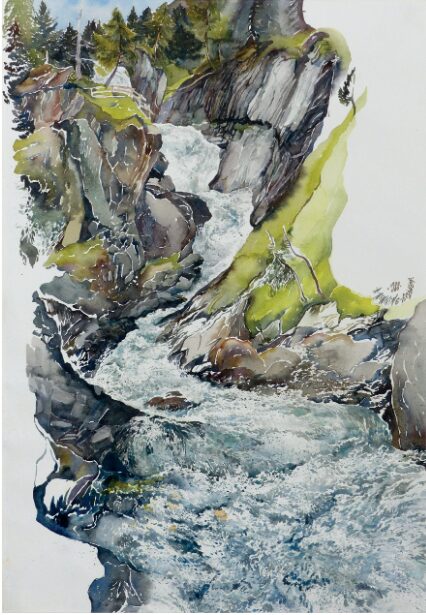 Bild zeigt ein Aquarell von einem Wasserlauf.